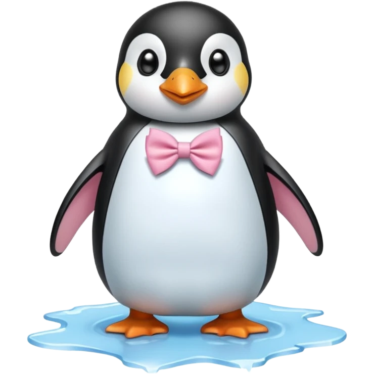 penguin, pink bow tie, standing on small ice melting emoji