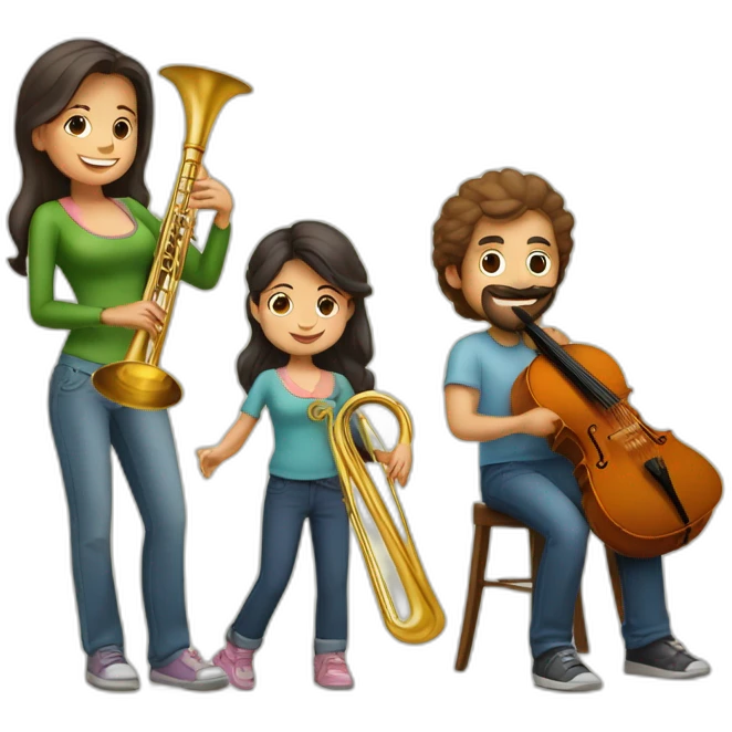 Caucasian family of a man with trombone & a morena woman with cello and they have a baby girl 1yo emoji