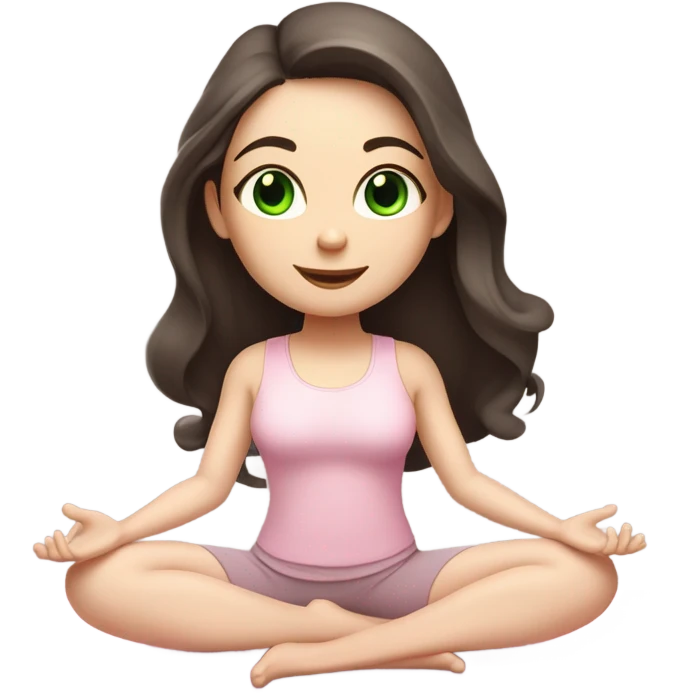 Dark brown long hair and green eyes yoga beautiful girl with pale skin in light pink pink pink clothes sitting on a yoga mat emoji