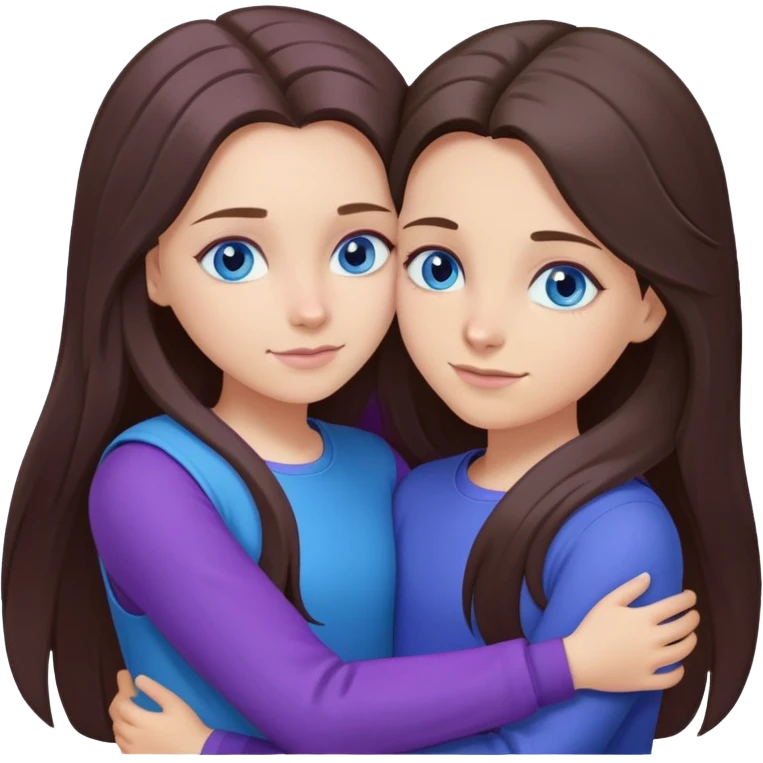 long brunette hair girls with blue eyes hugging eachother in purple and blue clothes emoji