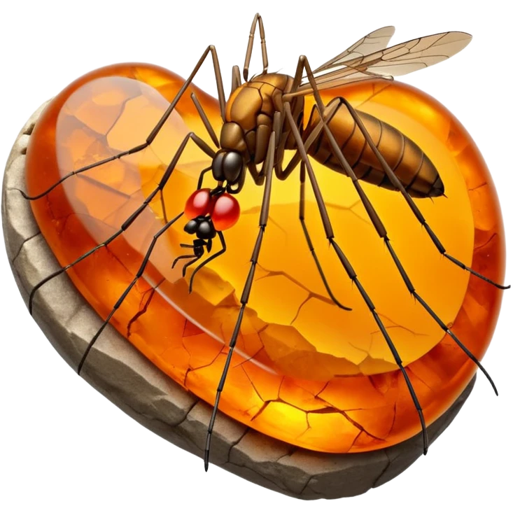 3D render of Amber Mosquito, embedded in a chunk of rough sedimentary rock, cracked stone texture, ancient fossil aesthetic, trapped inside a glowing translucent orange amber gem, matte dry finish, Apple emoji style, isolated on white background --v 6.0 emoji