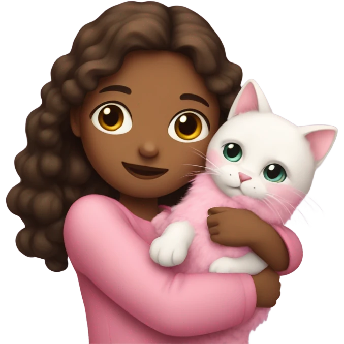 A girl holds a pink cat in her arms emoji