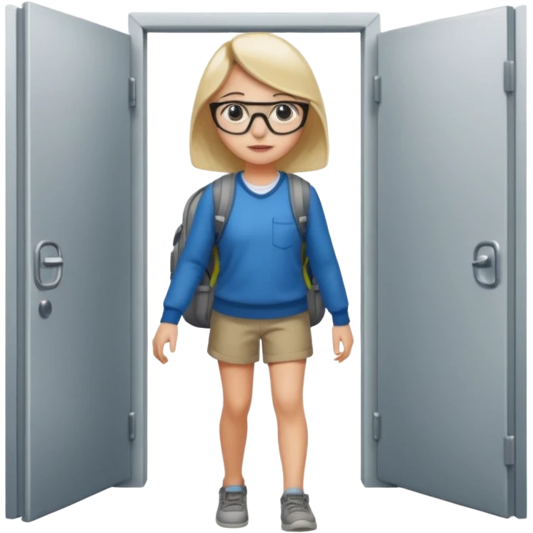 a girl walking through the door into a computer room in an organized manner emoji