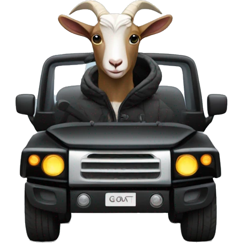 Goat in black puffy jacket driving hummer ev emoji