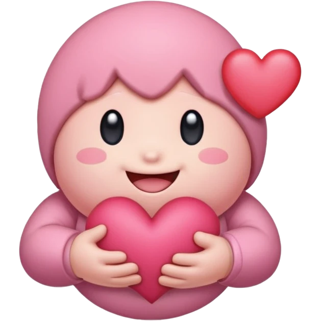 create a chibi sticker of Kirby smiling with a heart in his hands emoji