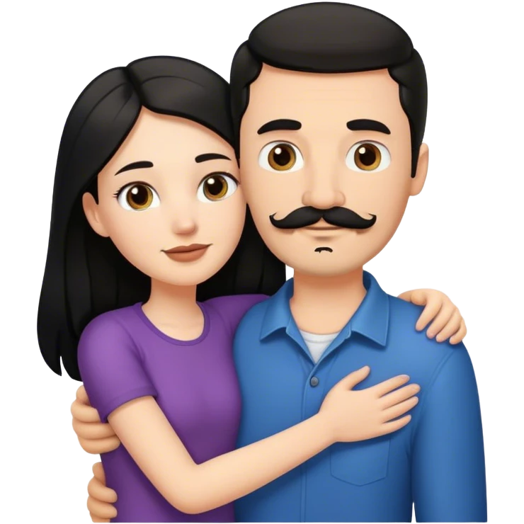 a short white girl with long black hair hugging a tall white guy with brown hair goatee mustache emoji