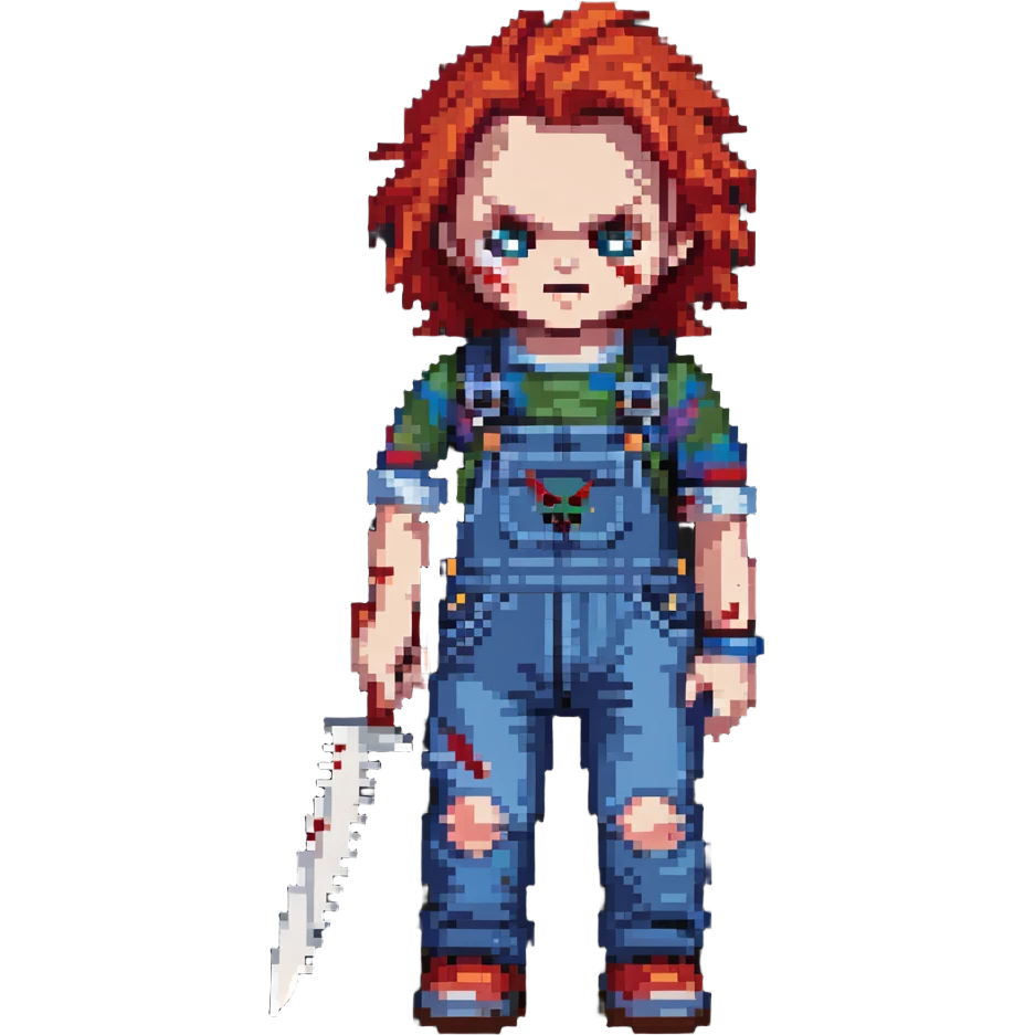 Chucky doll from Child's Play horror movie with red hair, scarred face, blue overalls and a knife emoji
