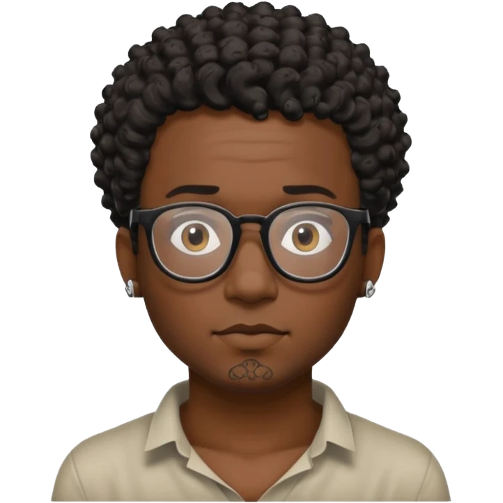 Black man emoji with short curly hair, black glasses, visible neck tattoo, adventurous and creative expression emoji