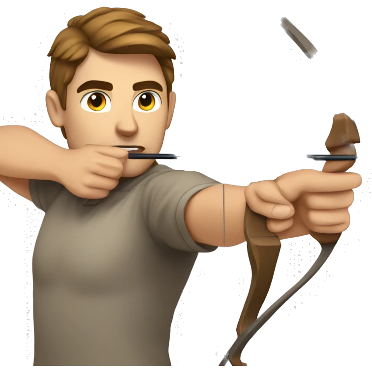 a male archer aiming with a bow looking at his target, wearing a tshirt, brown hair, bright skin, emoji