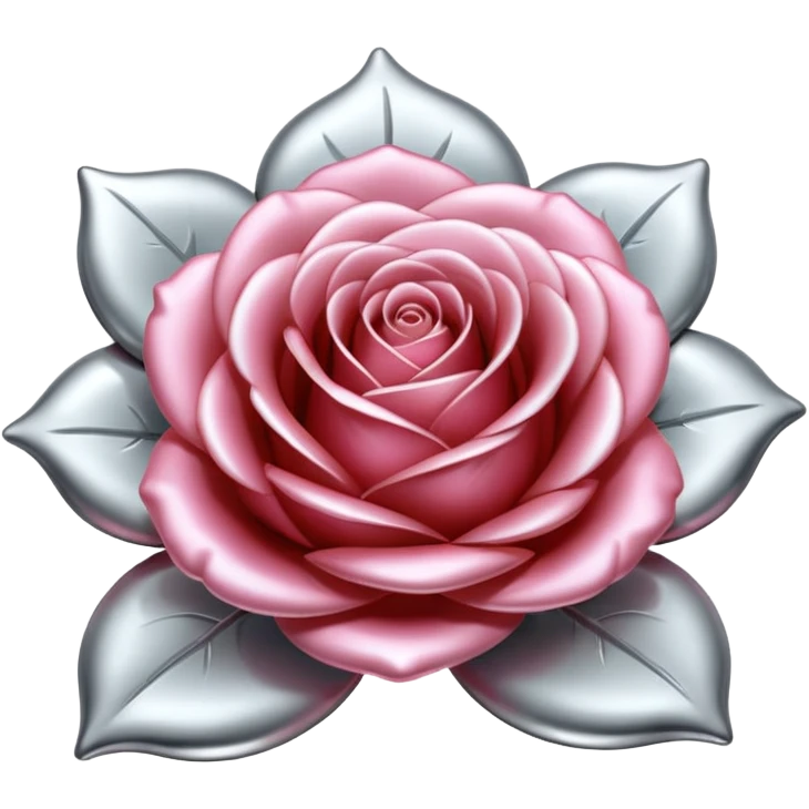 A rose emoji made of liquid silver metal, smooth metallic petals, reflective chrome surface, soft gradients, elegant shape, minimalistic iOS emoji style, centered, clean white background, realistic highlights, no text emoji