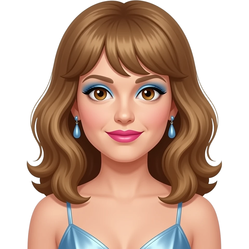 Linda Blair with brown eyes, long light brown 70s shaggy hair, blue eyeshadow, hot pink lipstick, light blue metallic halter dress, earrings emoji