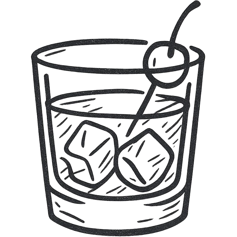 Manhattan cocktail in a short glass with ice, hand drawn black outline style, simple and sketchy emoji