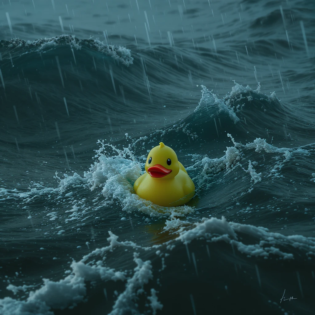 Cinematic still, Extreme Closeup shot of Yellow duck toy on ocean during storm, Camera from top, inspired by interstellar emoji