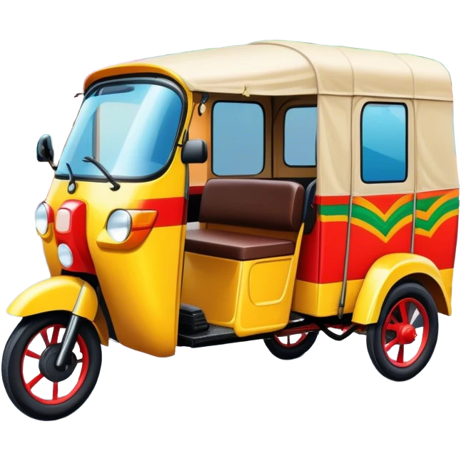 Cinematic Realistic image of a colorful auto rickshaw, rendered with detailed textures and lively, bold hues, set on a bustling urban street with dynamic, vibrant lighting that emphasizes its iconic role emoji