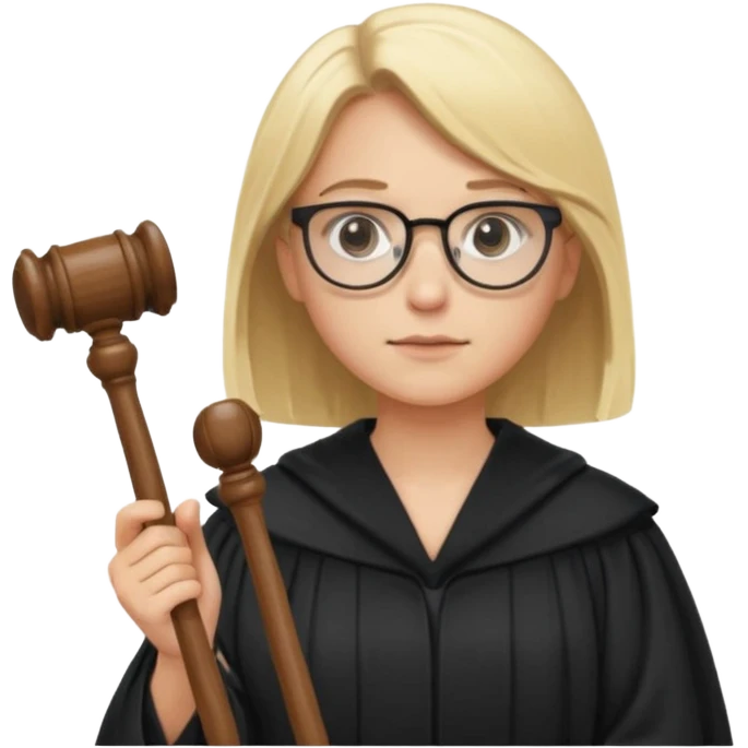 Young judge, blonde hair with glasses and robe, hold a gavel emoji