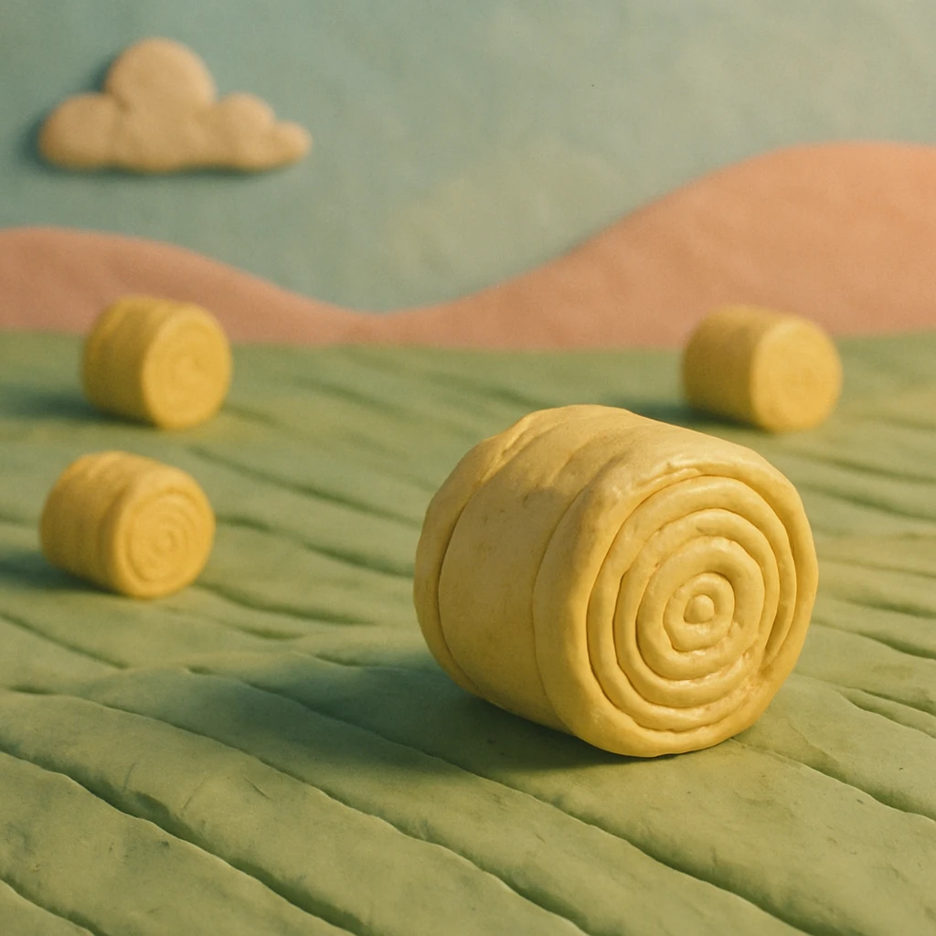 hay bales in a field, pastel colors, visible fingerprints, claymation style emoji