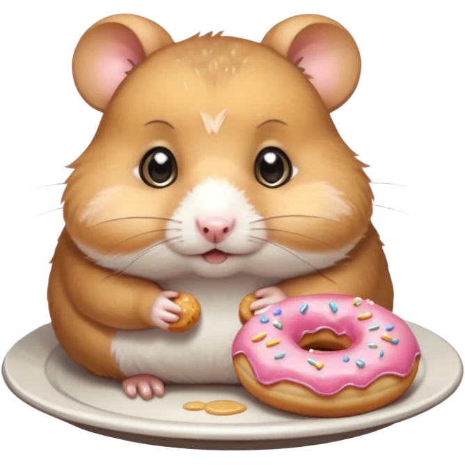 Cute cartoon-style hamster staring dramatically at a donut on a plate, conflicted expression, big shiny eyes. Painterly shading, white background, sticker-style illustration emoji