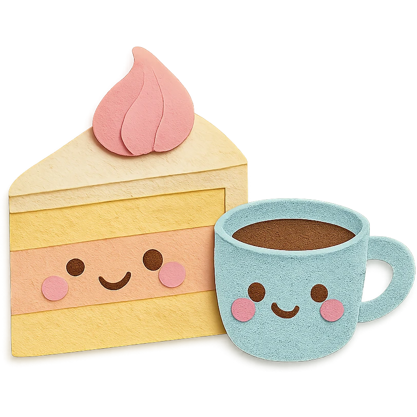 small hand-drawn slice of cake with coffee cup beside, soft pastel kawaii style emoji