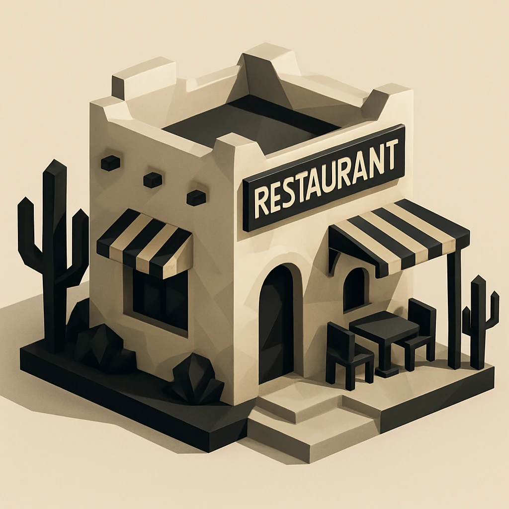 isometric exterior of a southwestern restaurant, black, beige, and white color palette, dollhouse style, low-poly polygonal 3D look emoji