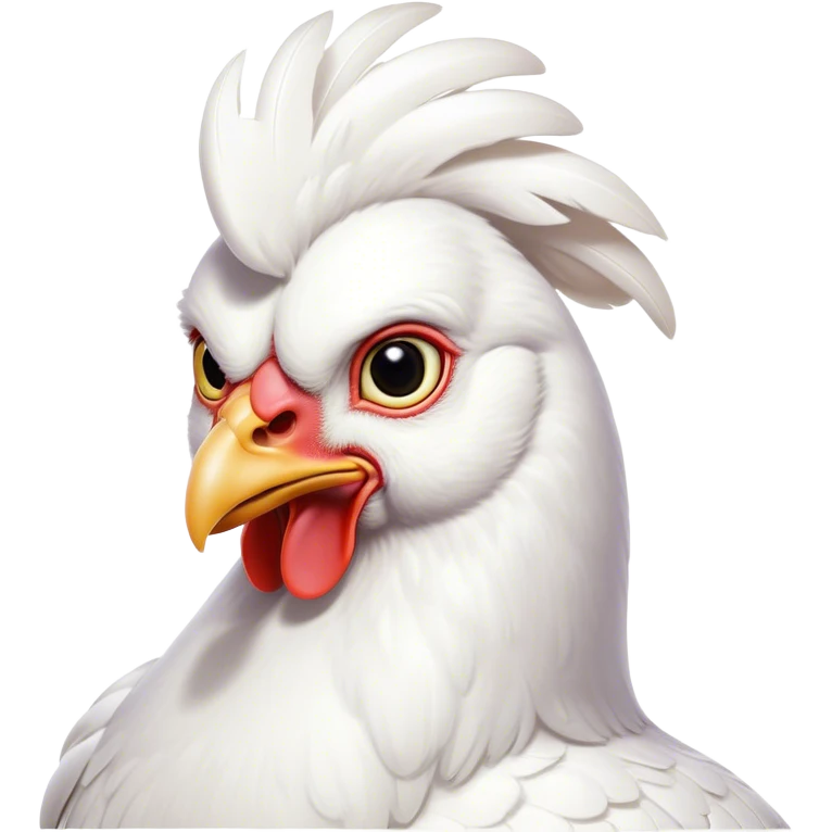 Cinematic Noble White Chicken Portrait Emoji, Poised and regal, with a compact, sturdy build and a pristine, well-groomed pure white plumage, deep-set soulful beady eyes, Simplified yet sharp and sophisticated features, highly detailed, glowing with a soft, dignified glow, high shine, intelligent and alert, stylized with an air of barnyard elegance, focused and attentive, soft glowing outline, capturing the essence of a watchful and confident fowl, so majestic it feels as though it could strut out of the screen with effortless authority! emoji