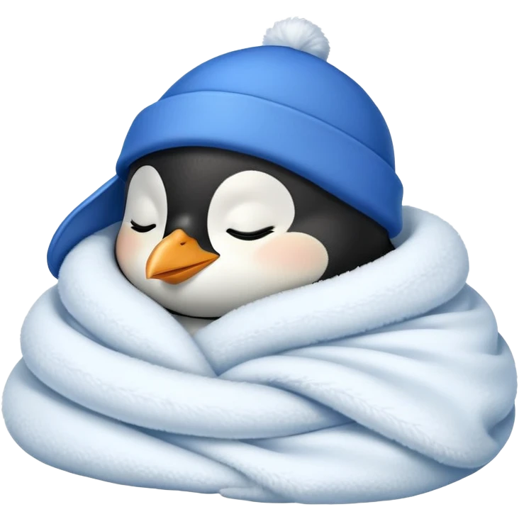 Pinguino durmiendo con un gorro azul y manta blanca emoji