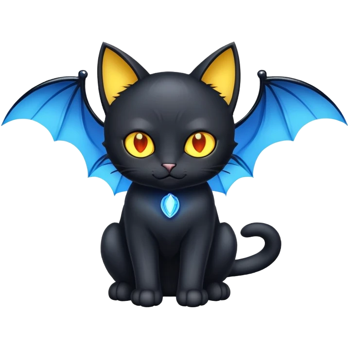 black cat with blue bat wings and glowing yellow eyes emoji
