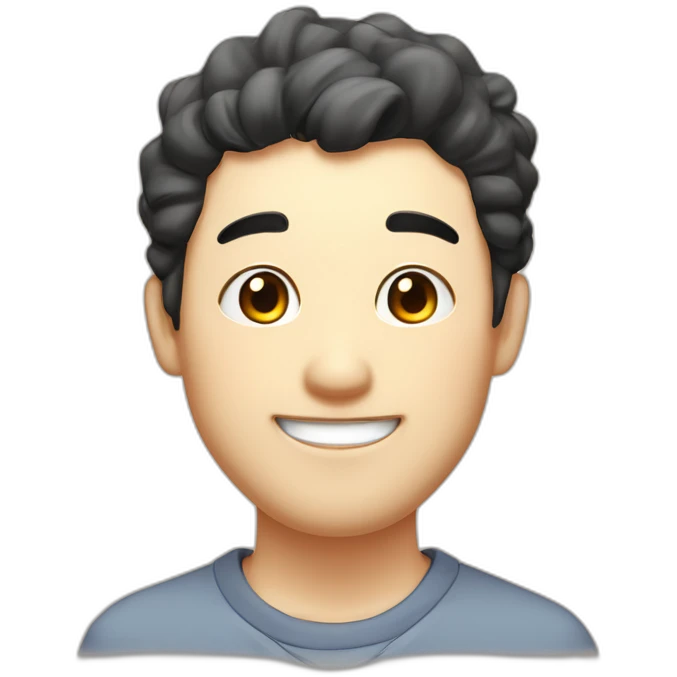 Fat, slightly thin, droopy eyes and eyebrows, thick lips, big head, smiling with a pencil, cute Japanese guy emoji