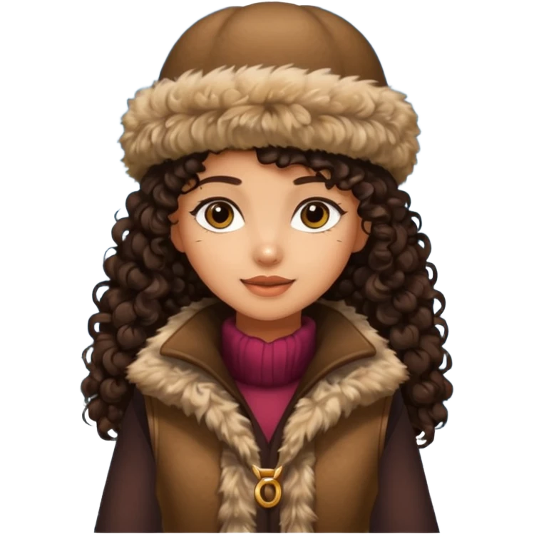 "A girl with curly dark hair 👩🏻‍🦱, wearing a fur hat 👒🦊 and a fur vest 🧥, standing in the snow ❄️ with pine trees 🌲 in the background, holding a Bashkir dombyra 🎶. Emoji style." emoji