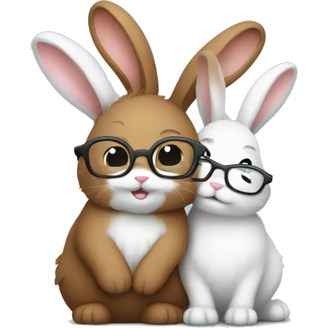 two bunnies. one white fluffy bunny with glasses cuddling brown fluffy bunny WITHOUT glasses emoji