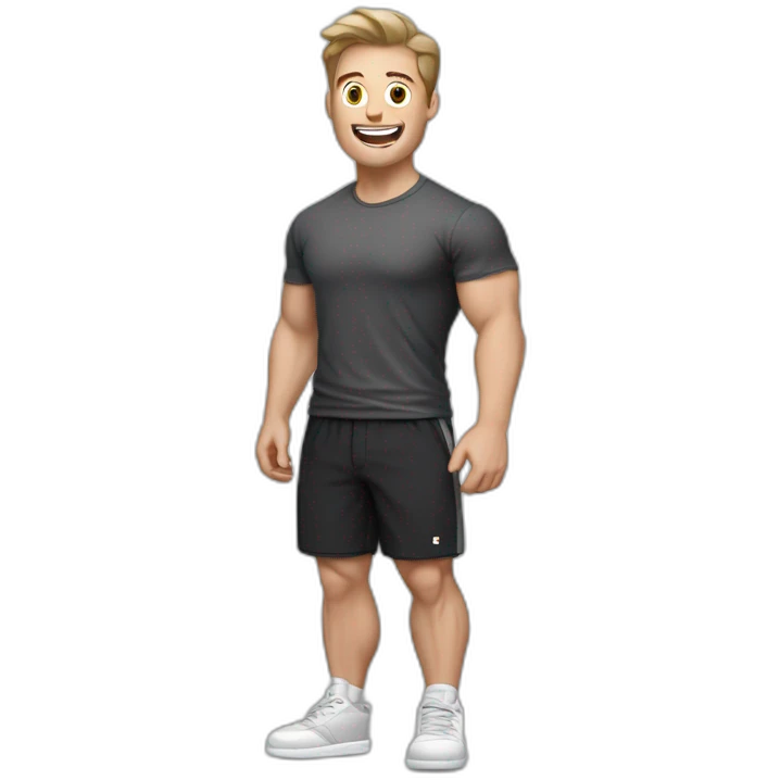 amazed Open with surprise mouth Pale skinned Fit Man With the biceps and dark brown hair in black shirt, gray sports shorts and white Sneakers emoji