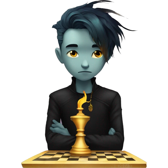 Hamlet young skinny sad man iridescent hair wearing raven feathers with a gilded hourglass and golden flames yin yang chess board emoji