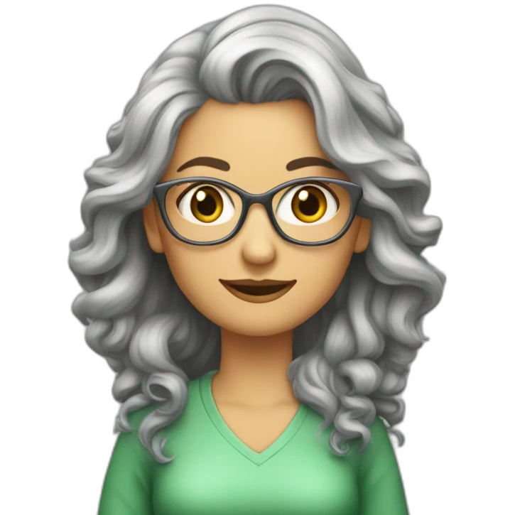 Femme 50 ans cheveux longs gris, ondulés lunette métal yeux vert  emoji