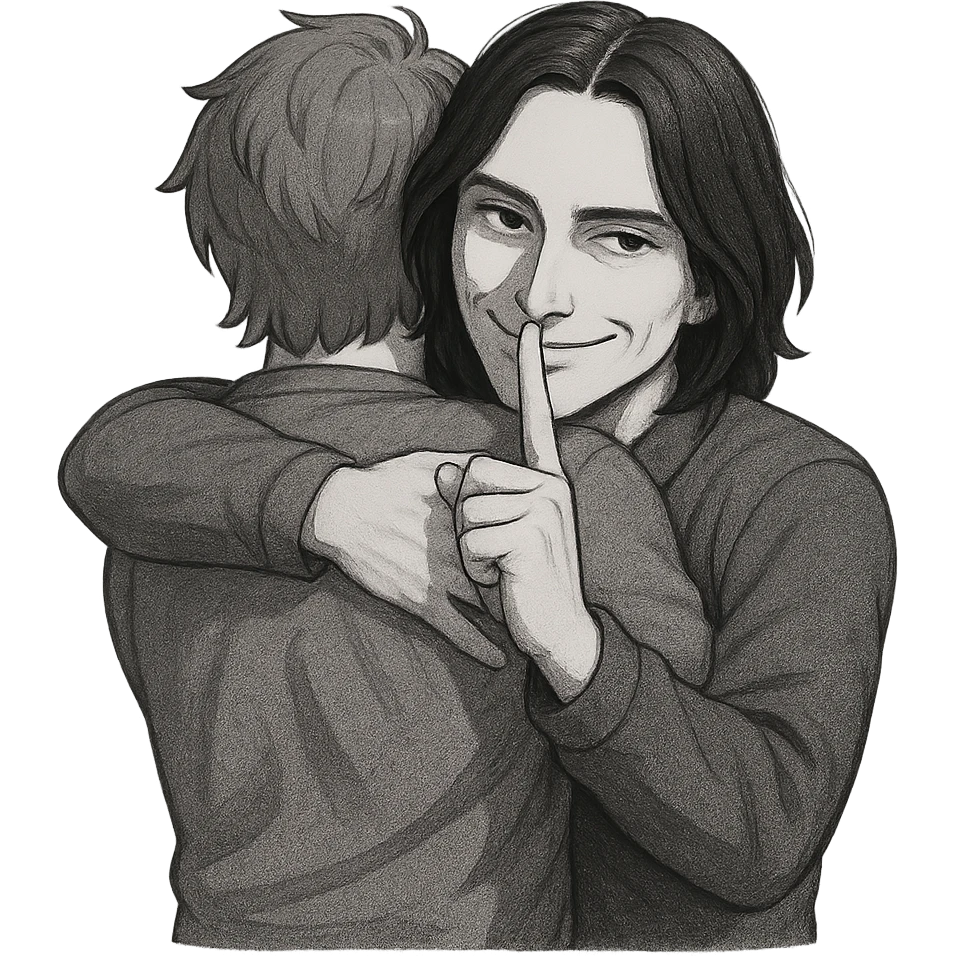 A person hugging another person with a mysterious smile and a finger to their lips emoji