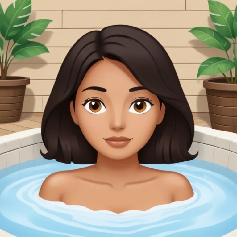Woman with dark hair in outdoor hot tub, zoomed out perspective emoji