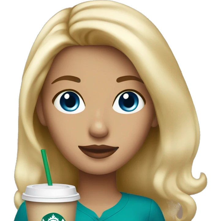 blonde girl blue eyes with Starbucks cup drink emoji