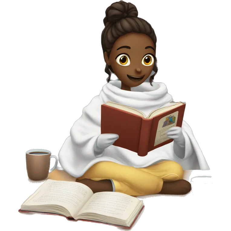 Science textbooks and girl reading them she is wearing a blanket and holding coffee while reading the science textbook emoji