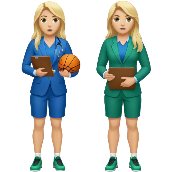Full Body white plus size female basketball head coach using a clipboard with long blonde hair in a blue and green suit emoji