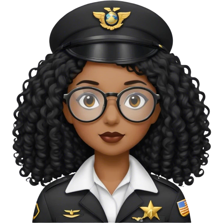 femme pilote d'avion en uniforme noir aux cheveux bouclés noir long et petites lunettes arrondis  emoji