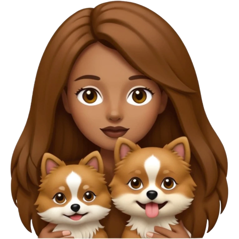 Create an emoji-style illustration of a woman with long brown hair holding one Pomeranian dog. The dog has a black face with a white stripe running down the middle of its nose and mouth. emoji