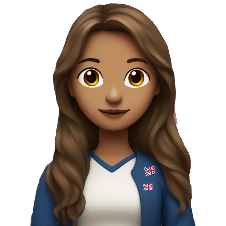long brown haired girl with UK flag behind her  emoji