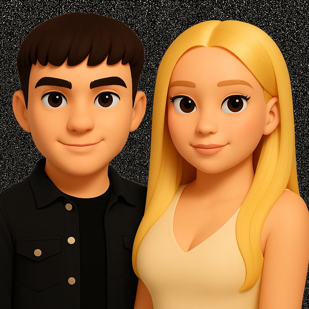 Slightly increase the volume of the upper body of the girl, slightly turn her to face forward, and make the skin color uniform. Maintain the cartoonish 3D style as in the reference image. emoji