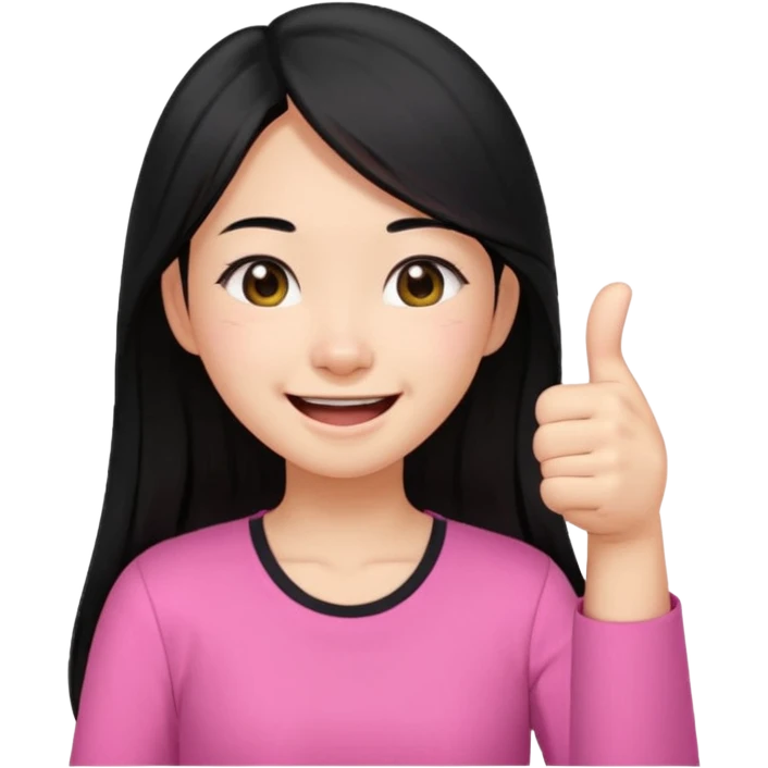 a girl genuinely feeling happy so so so much laughing so hard with her eyes folded long black hair asian girl on a pink shirt with her thumb up emoji