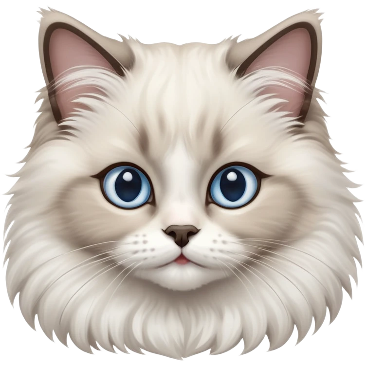 cinematic-adorable-big-eyed-fluffy-ragdoll-cat-portrait-emoji,-head-tilted-playfully-with-a-sweet-expression,-fluffy-white and grey-fur,-simplified-yet-irresistibly-cute-features-with-large,-expression, blue eyed ragdoll cat emoji