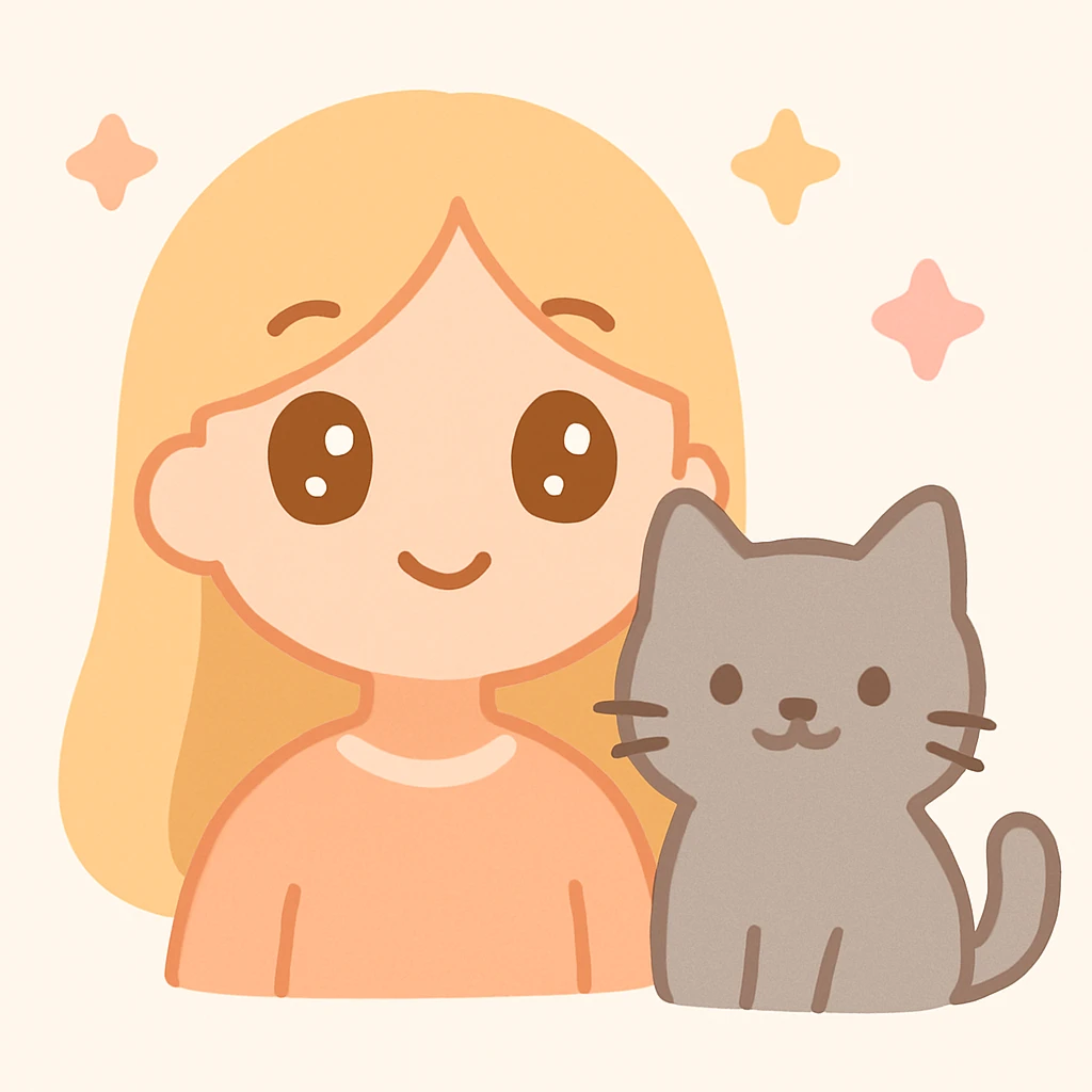 girl with long blond hair, brown eyes, and a grey cat, vibrant anime-inspired style emoji