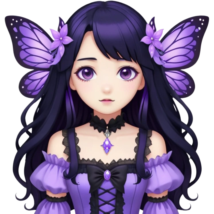 Gothic anime fairy with long beautiful black hair and violet dress, pastelcore, Lolita, aesthetic, beautiful, pretty, amazing, epic, gorgeous, sparkly emoji