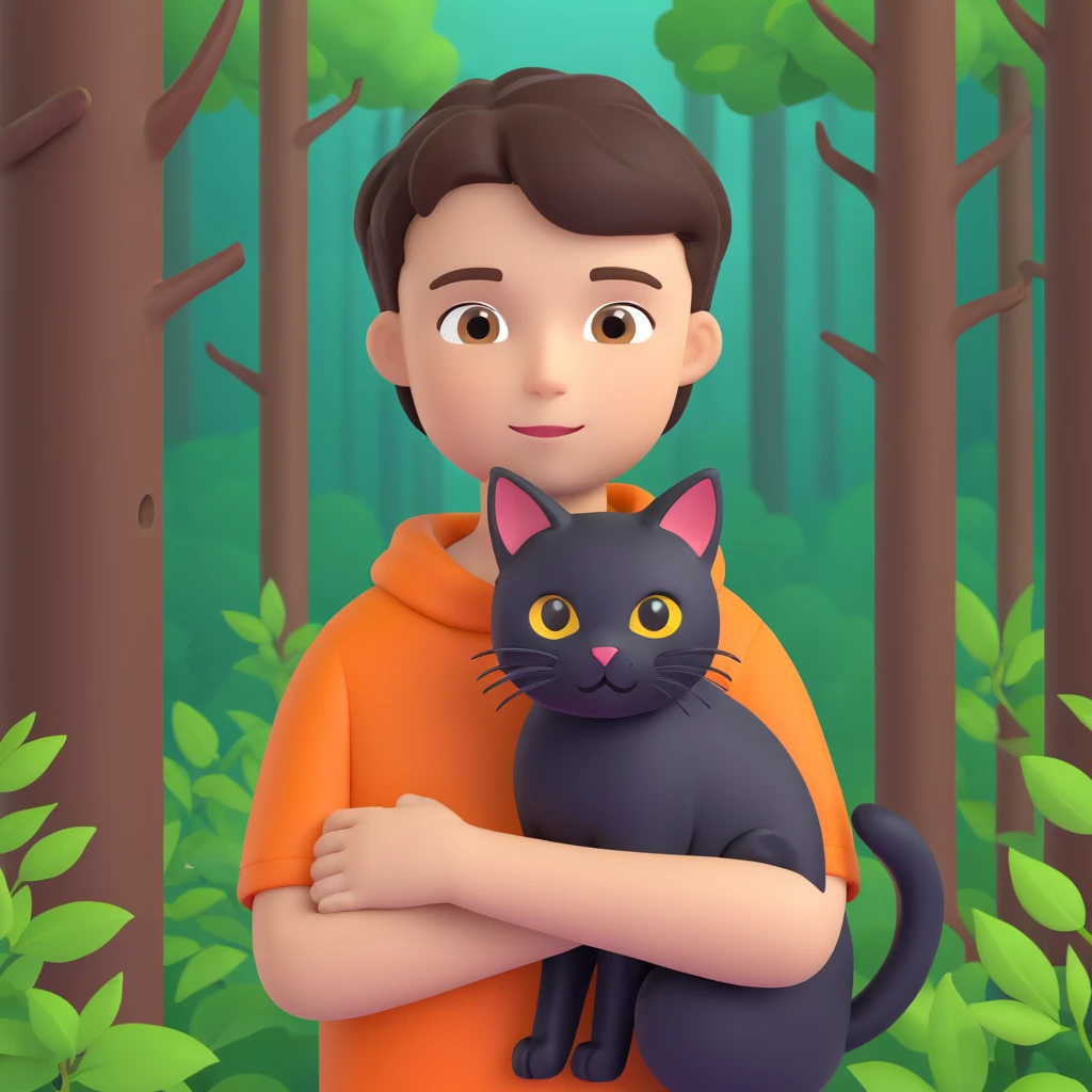 boy and cat pet in forrest background, close up pose emoji