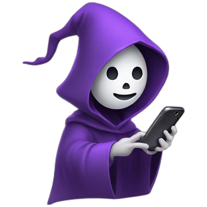 mage floating like a ghost in a purple hood holding smartphone with dark face smiling emoji