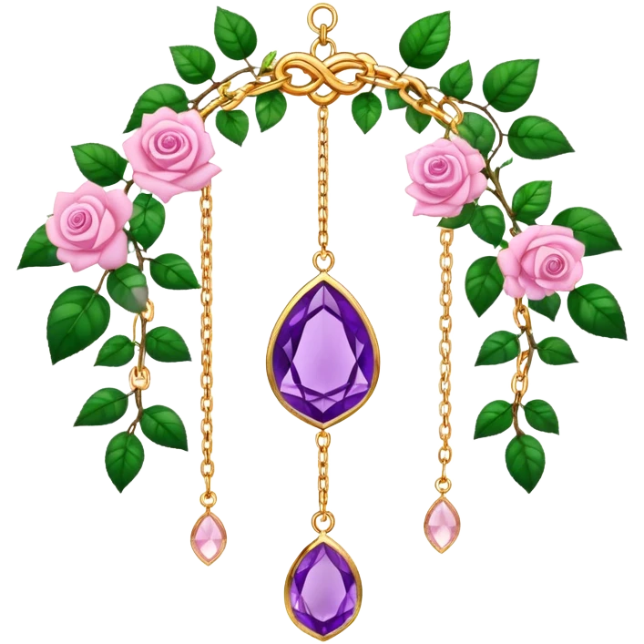 Hanging suncatcher, gold chains with shiny sparkly amethyst and rose-quartz gemstones, roses, beautiful leaves, gorgeous aesthetics emoji