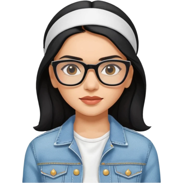 generate a pretty bratz emoji 
Make her wear a white dress with a denim jacket over it. black hair side part with a white headband

She should look exactly  like Deepika padukone. wearing rectangular spectacle emoji