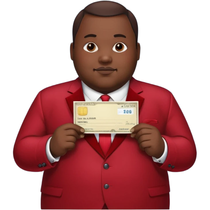 fat guy bold head in dark red velvet suit holding cheque emoji